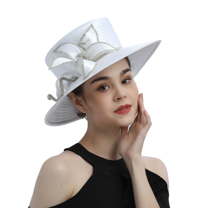 Deluxe New White Church Hat Party Banquet Satin Cloth Photography Hats Premium Chains Formal Hat Flower Top Cap For Women Ladies