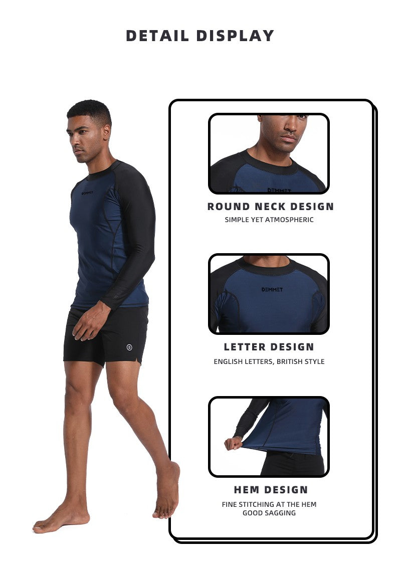 DEMMET Mens Swimwear Long Sleeve Rash Guard Swimming Surf T-Shirt UV Protection Quick Dry Beach Tight Surf Diving Clothes 120KG