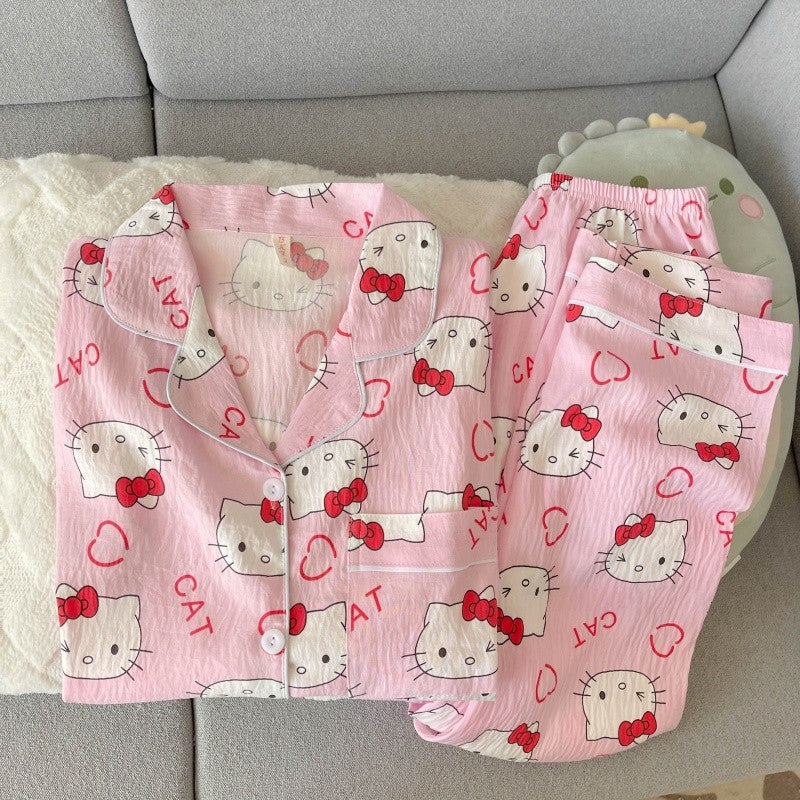 Cartoon Hello Kitty Pajamas Set Women's Autumn Winter Long Sleeve Loungewear Pink Cute Sleepwear Kawaii Soft Homewear Outfit