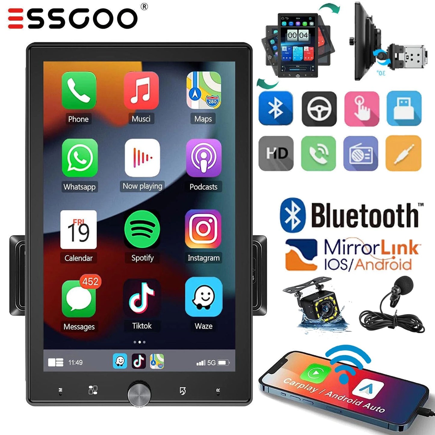 ESSGOO 10,4" Tela de Toque Rotativa IPS 1 Din Rádio Estéreo Multimídia Automotivo Sem Fio Apple CarPlay e Android Auto SWC FM
