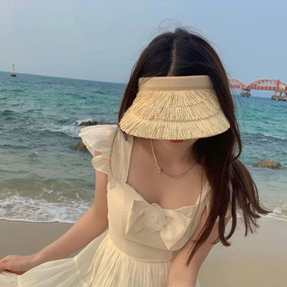Fashion Designer Tassel Straw Hats Empty Top Summer Empty Top Sun Hat Beach UV Protection Sunshade Cap for Women