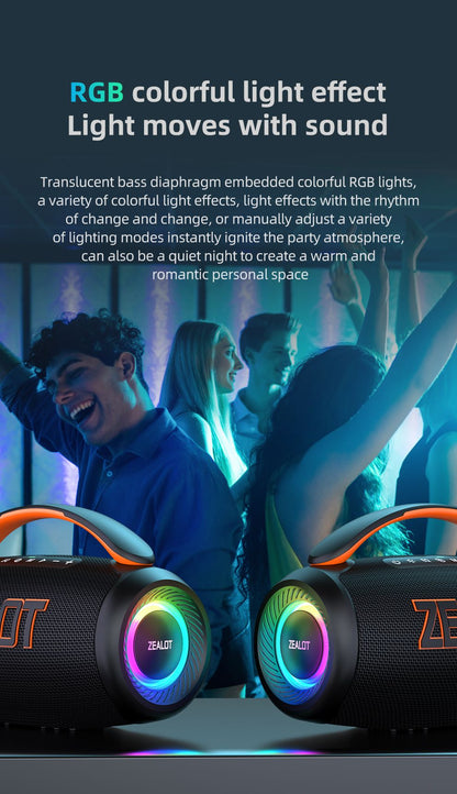 Zealot-P12 Speaker 60W Portable Bluetooth Speaker with IPX6 Waterproof, Comfortable handle,Controllable lighting,TF,USB