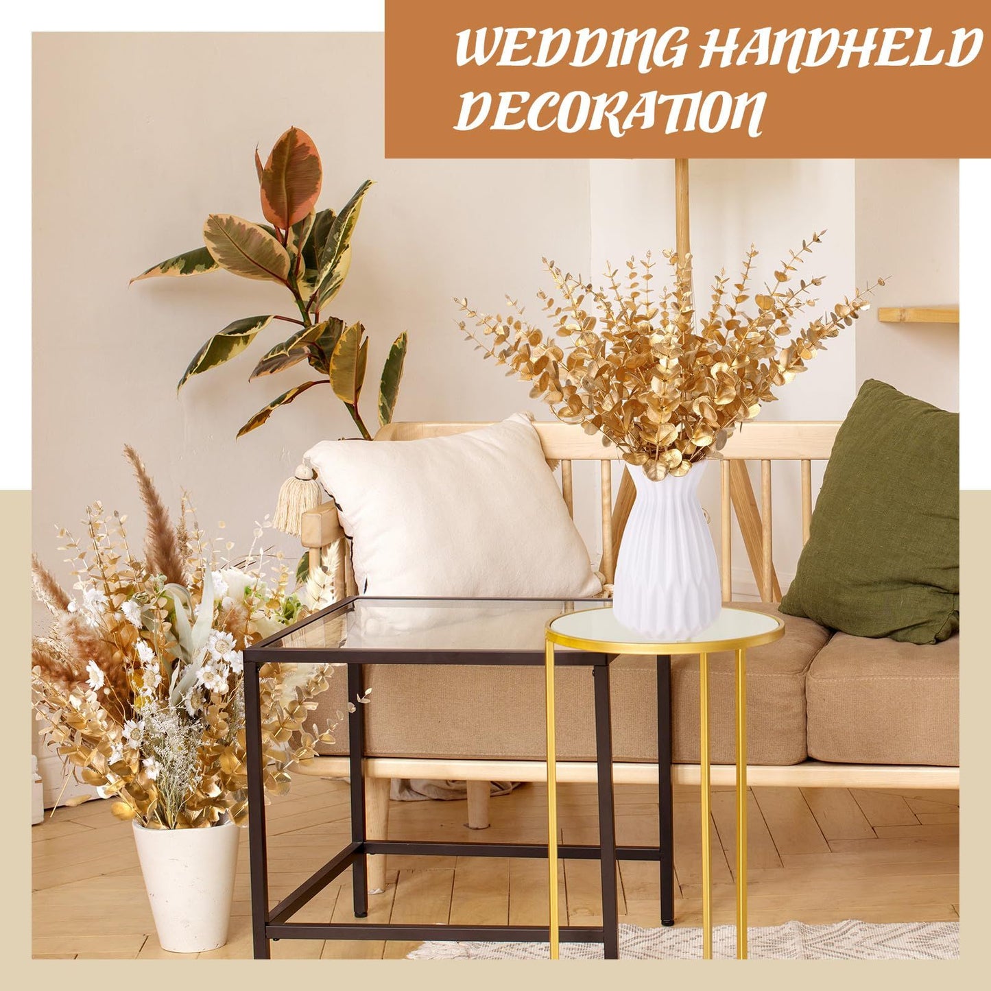 15pcs Artificial Eucalyptus Stems Gold Faux Eucalyptus Branch Wedding Bouquet DIY Decor Home Party Table Christmas Decorations