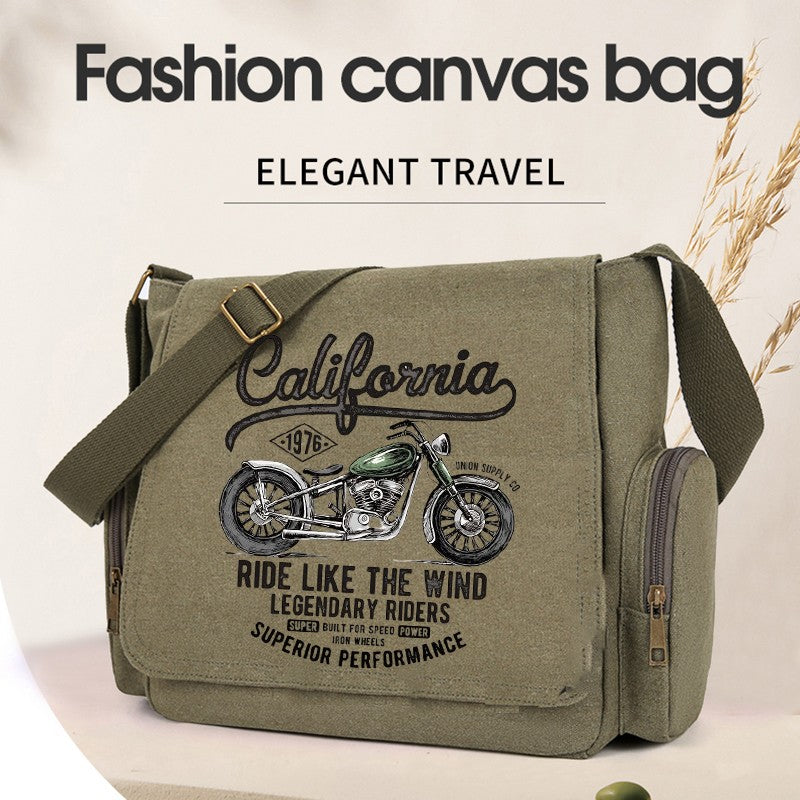 Vintage Men Canvas Messenger Bag Crossbody Bags Unisex Motorcycle Print Shoudler Bag Large Capacity Commuting Bag