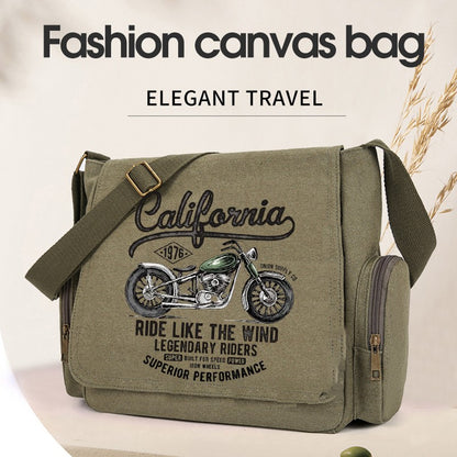 Vintage Men Canvas Messenger Bag Crossbody Bags Unisex Motorcycle Print Shoudler Bag Large Capacity Commuting Bag