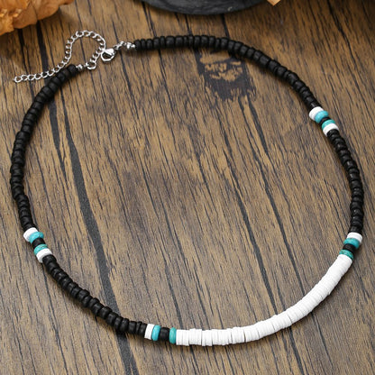 Colar Masculino Artesanal de Contas de Madeira e Argila Colar Fashion Vintage Africano de Contas Brancas para Homens Colar de Surfista de Praia Joias Tribais
