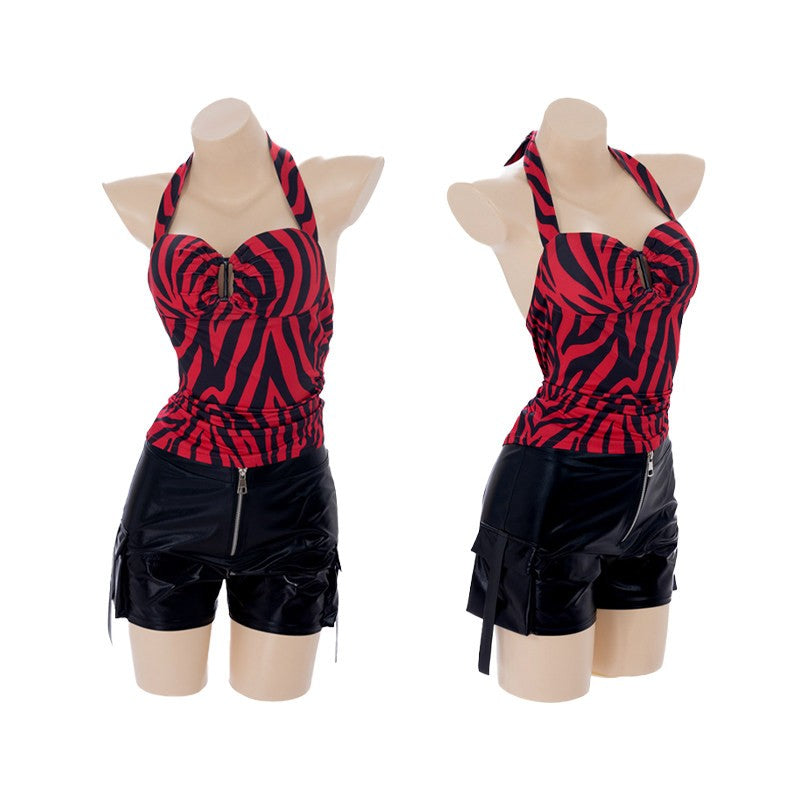 Infatuated with Nikki cosplay costume zebra print backless top faux leather workwear shorts punk street style Halloween carnival