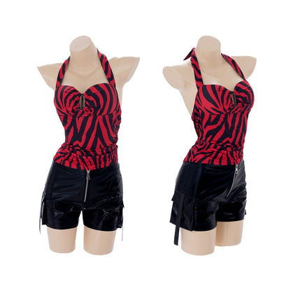 Infatuated with Nikki cosplay costume zebra print backless top faux leather workwear shorts punk street style Halloween carnival