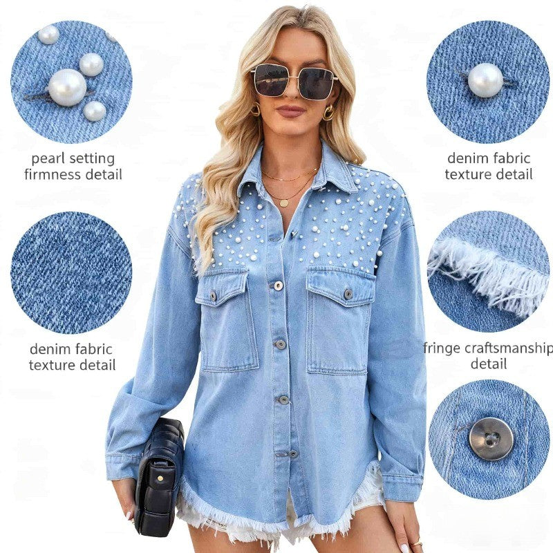 Pearl Embellished Denim Shirt Women's Oversized Long Sleeve Button Down Shirt with Frayed Hem Fashionable Casual Top