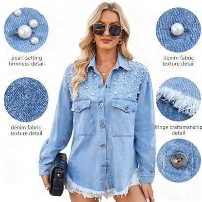 Pearl Embellished Denim Shirt Women's Oversized Long Sleeve Button Down Shirt with Frayed Hem Fashionable Casual Top