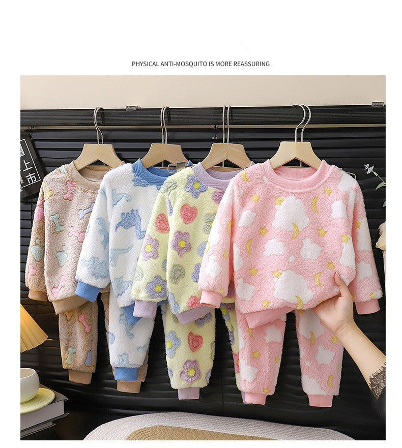 Autumn Winter Sleepwear Flannel Pajamas For Girls Boys Long Sleeve Tops+Pants Suits Fashion Home Clothing Baby Kid Sleep Costume