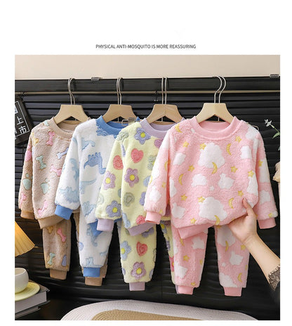 Autumn Winter Sleepwear Flannel Pajamas For Girls Boys Long Sleeve Tops+Pants Suits Fashion Home Clothing Baby Kid Sleep Costume
