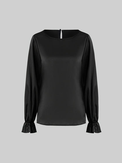 Women's Black Crew Neck Long Sleeve Blouse with Ruffled Cuffs - Casual Elegant Outfit