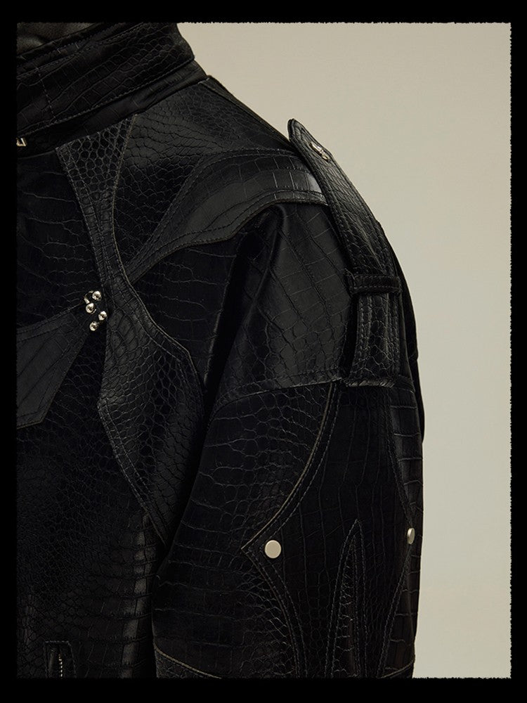 Mauroicardi Spring Autumn Cool Short Shiny Black Crocodile Print Pu Leather Jacket Men Luxury Designer Y2K Streetwear Clothes