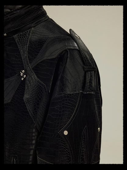 Mauroicardi Spring Autumn Cool Short Shiny Black Crocodile Print Pu Leather Jacket Men Luxury Designer Y2K Streetwear Clothes