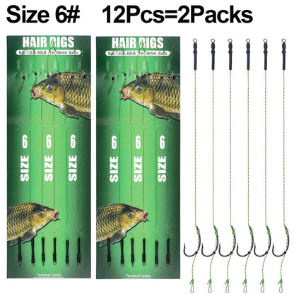 12 anzóis de pesca de carpa pré-amarrados com linha, para carpa, prontos para usar com iscas boilies, equipamento de pesca de carpa.