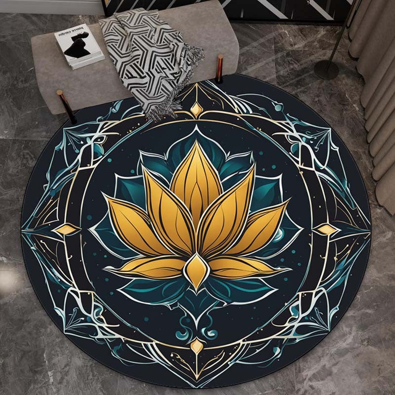 Golden Lotus Mandala Round Rug Crystal Velvet Floor Mat Spiritual Yoga Meditation Room Boho Chic Home Decorative Carpet