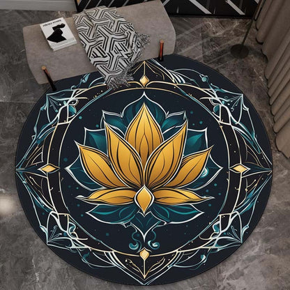 Golden Lotus Mandala Round Rug Crystal Velvet Floor Mat Spiritual Yoga Meditation Room Boho Chic Home Decorative Carpet