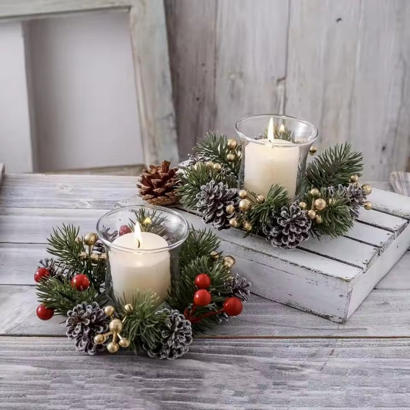 1/2pcs Christmas Candle Holders with Artificial Pine Branches & Berries New Year Tabletop Home Decorations Candle Wreath Gifts