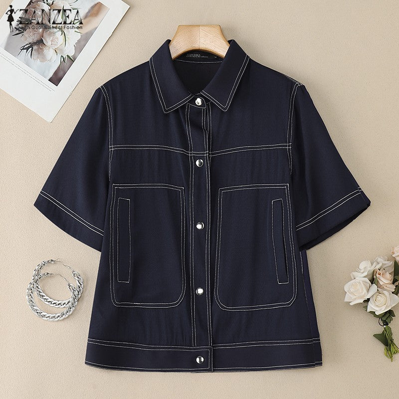 ZANZEA Women's Denim-Like Contrast-Stitch Shirts 2025 Fashion Turn-Down Collar Short Sleeve Button Up Shirt Streetwear Woman Top