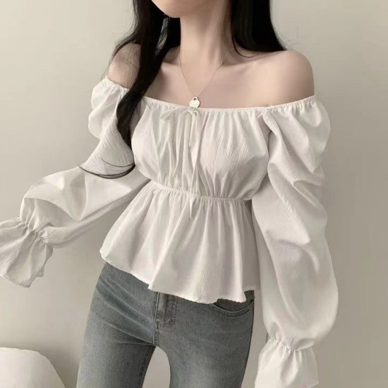 2025 Fashion New Ruffle White Long sleeved Women's Blouses Square Neck Sexy Short Shirt Korean Style Flare Sleeve Sweet Tops