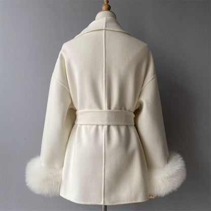 Jxwatcher Women's Wool Coat with Real Fox Fur Cuffs Ladies Elegance Belt Slim Outerwear Fall Winter High-End Wool Coats 2024 New