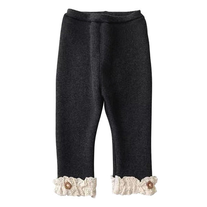 Girls Fleece Lined Leggings Children Fashion Lace Trim Slim Fit Thermal Pants Kids Winter Warm Outwear Casual Clothes