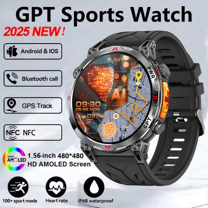 Smartwatch Esportivo 2025 com GPS, GPT, AMOLED de 1,56 polegadas, 488*488, Monitoramento de Frequência Cardíaca, Oxigênio no Sangue e Pressão Arterial, 3ATM