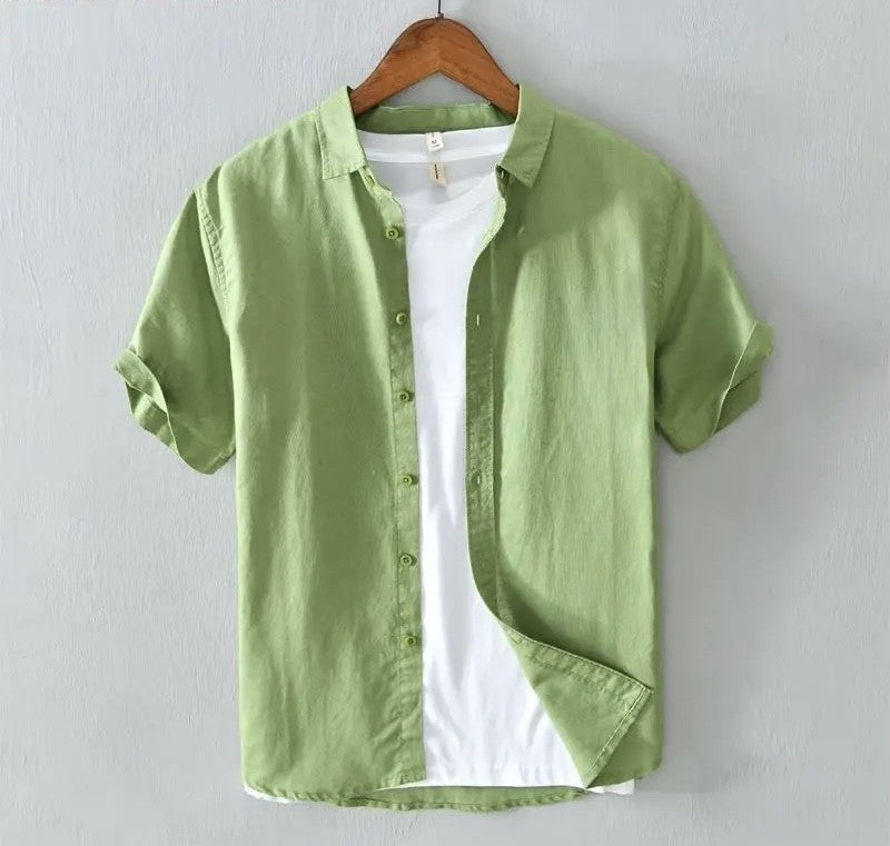 High Quality Cotton Linen Men's Summer Fashion Shirt Solid Color Simple Casual Short Sleeve Blouses Basic Thin Breathable Tops