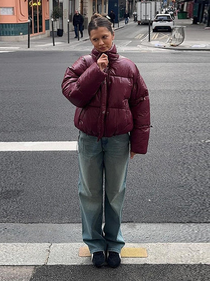 Thicken Cotton Jackets Women High Neck Long Sleeves Zipper Drawstring Coats Female 2025 Winter Fashion Chic Solid Warm Outwears