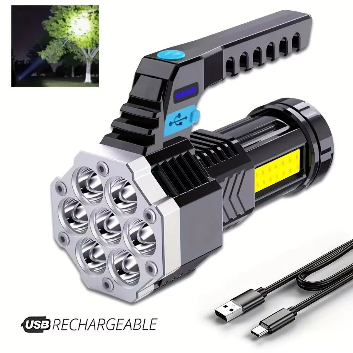 7LED High-Power Flashlight With USB Charging COB Side Light - Suitable For Portable Flashlights Such As Fishing, Camping, Hiking