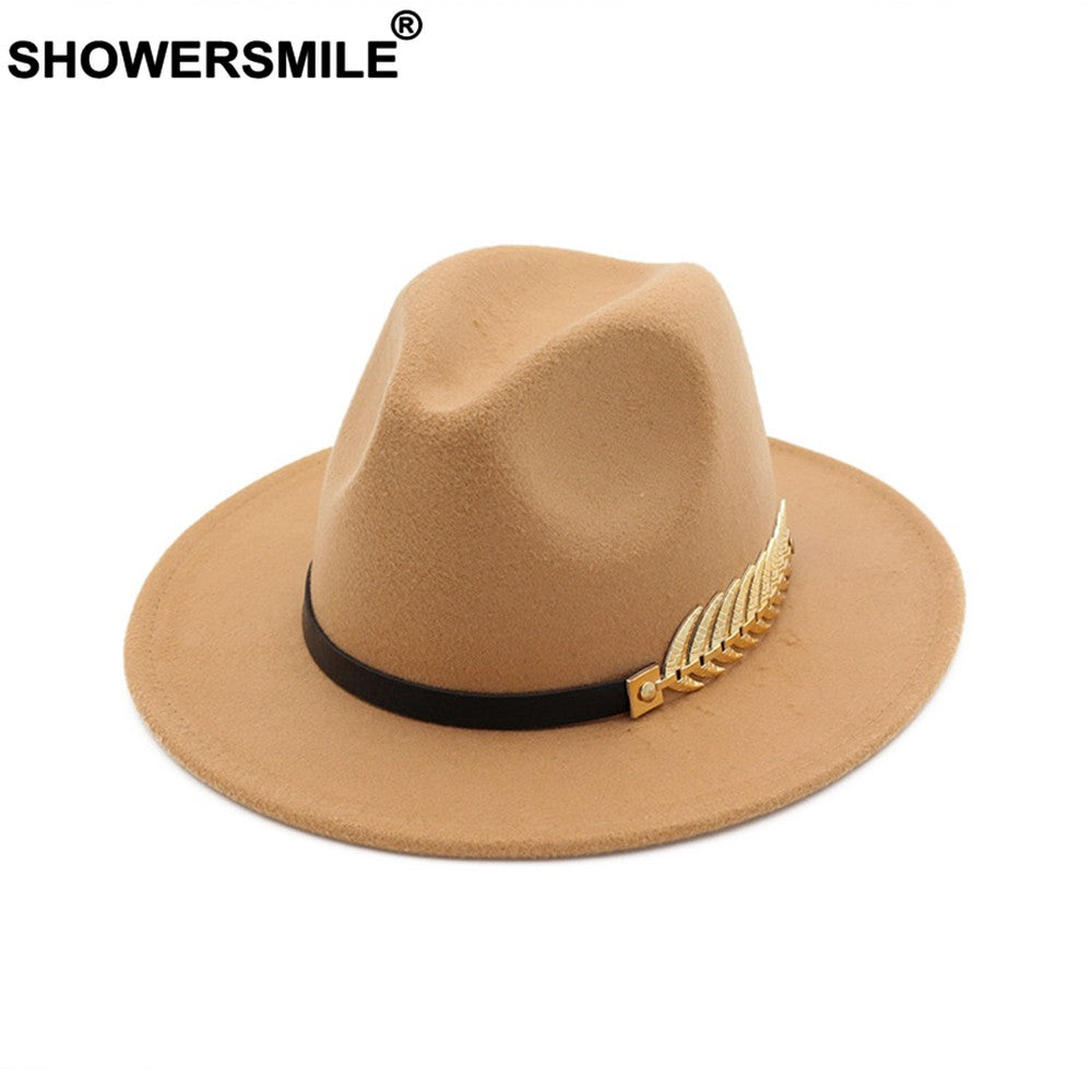 SHOWERSMILE Burgundy Women Fedora Hat Winter Female Wool Felt Hat Leaf Large Brim British Style Retro Jazz Cap Accessories