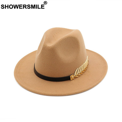 SHOWERSMILE Burgundy Women Fedora Hat Winter Female Wool Felt Hat Leaf Large Brim British Style Retro Jazz Cap Accessories
