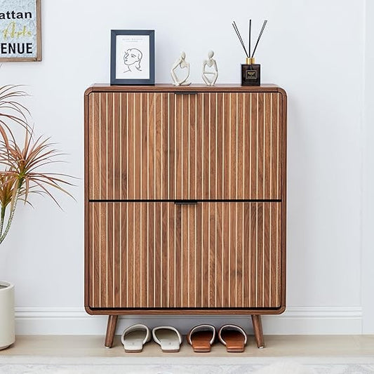 Slim Walnut Shoe Cabinet with Fluted Design and Dual Flip Drawers for Entryway Storage