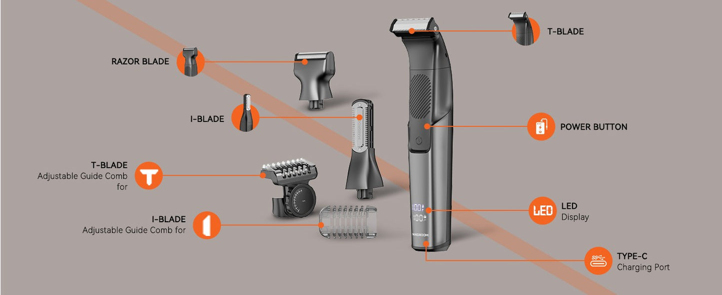 MAXGROOM 3 in 1 Men Bidirectional Body Hair Trimmer Electric Shaver IPX6 Waterproof Double-edged Razor Whole Body Hair Trimmer