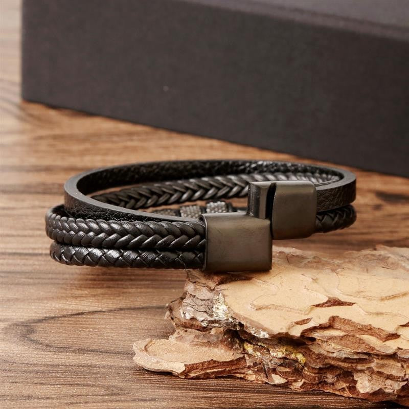 Pulseira de Couro Masculina Punk com Fecho Magnético de Aço Inoxidável Trançado em Camadas Envoltório de Couro Pulseiras Presente Joias Masculinas