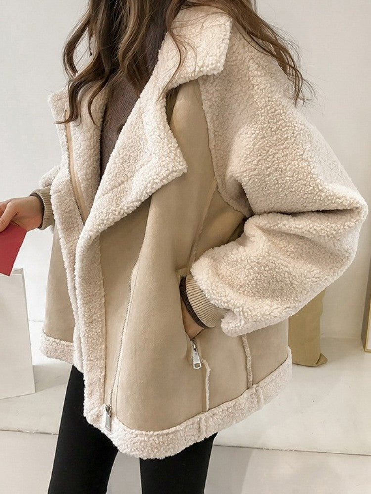 Autumn Winter New in Loose Retro Fur Integrated Suede Jacket Women's Short Casual Warm Lamb Fleece Motorcycle Jacket Tops