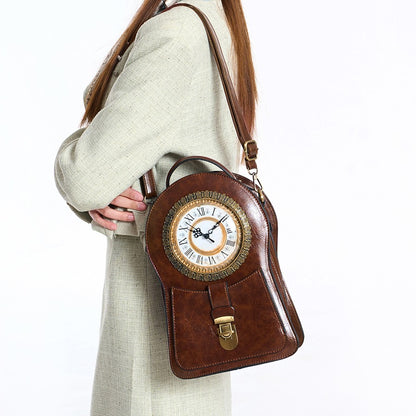 Vintage Clock Backpack, Clock-Style Fashion Shoulder Bag, Crossbody Backpack, Trendy Cool Clock Design, Large-Capacity Multifunctional Travel Bag, British Style Vertical Party Backpack, Waxed Leather Three-Dimensional Bag, Holiday Gift for Christmas