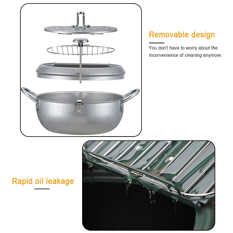304 Stainless Steel Oil Pan Japanese Deep Frying Pot with a Thermometer and a Lid Kitchen Tempura French Fries Oil Fried Pan