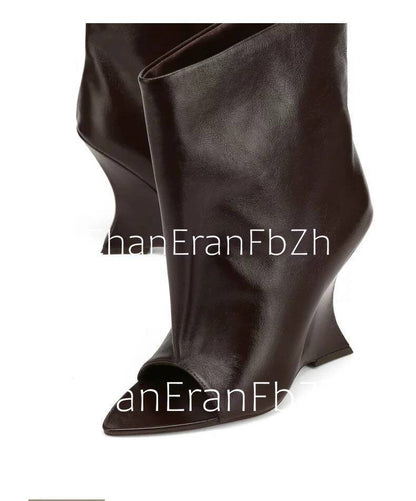 2025Ladies' Spring and Summer New Fish Mouth Slope High Heel Knee Boots, Fashionable Pointed Fashion Show Medium Cool Boots