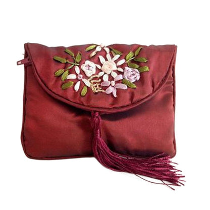 Retro Embroidered Flower Women Tassels Handbags Elegant Handmade Ethnic Style National Small Bag Card Storage Zipper Coin Purse