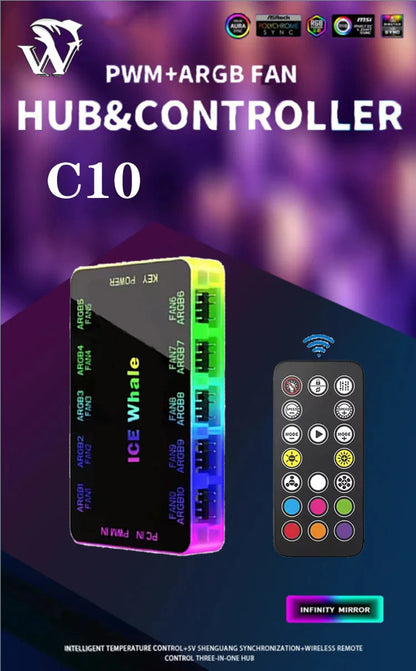 ICE Whale C10 1 to 10 PWM&ARGB Case Fan Hub Splitter 4Pin PWM 3Pin ARGB SATA Power Interface With Remote Control