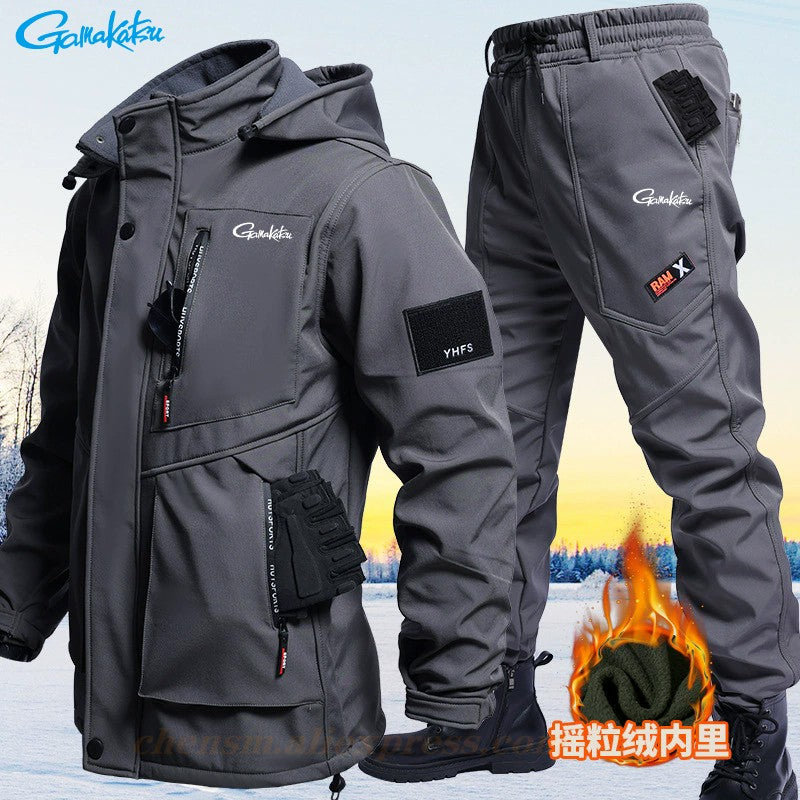 Conjunto de Roupas de Ciclismo e Pesca Gamakatsu Masculino para Outono e Inverno Impermeável Forrado com Lã Térmico Engrossado Corta-Vento Quente