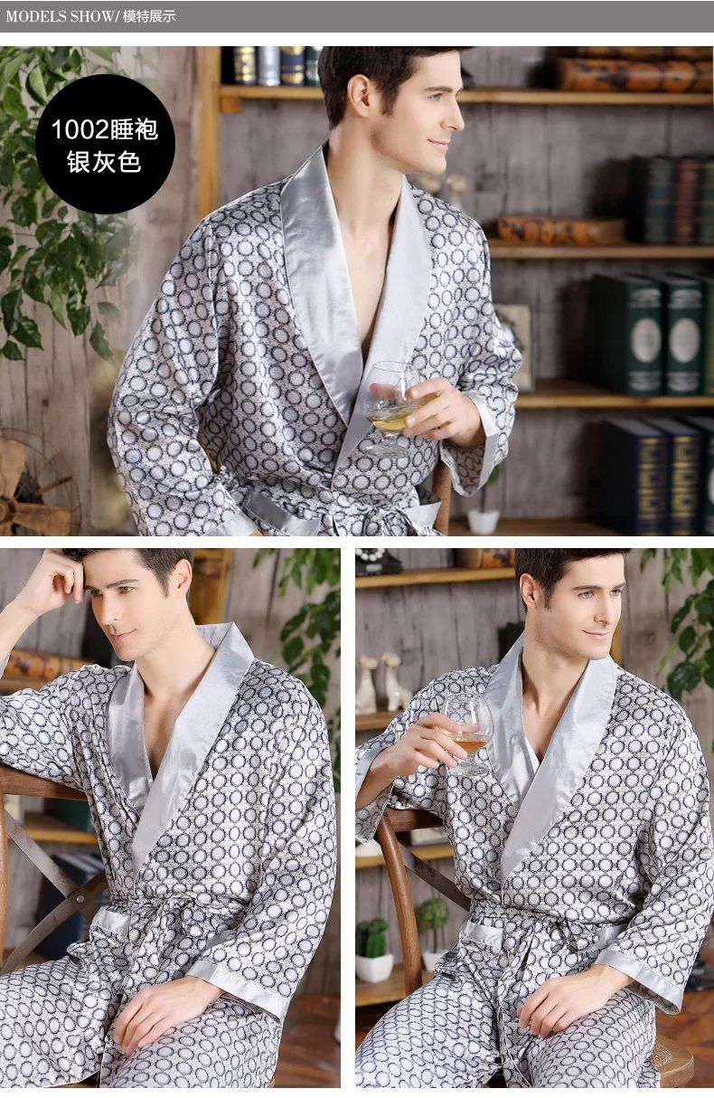 Men Bath Robe Satin Print Gold Kimono Bathrobe Silk Long Dressing Gown Plus Size Sleepwear Geometric Lounge Nightgown XL 4XL 5XL