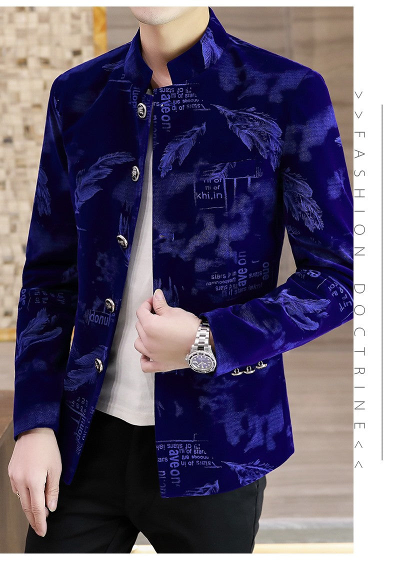 Luxury Retro Velvet Suit Jacket for Men Fashion Slim Fit Stand Collar Blazer Masculino Casual Business Wedding Dress Coat