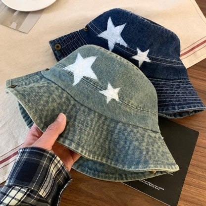 Kawaii Denim Star Fisherman Hat Wide Brim Y2K Outdoor Sun Hat Sunshade Adjustable Western Cowboy Hat Fishing