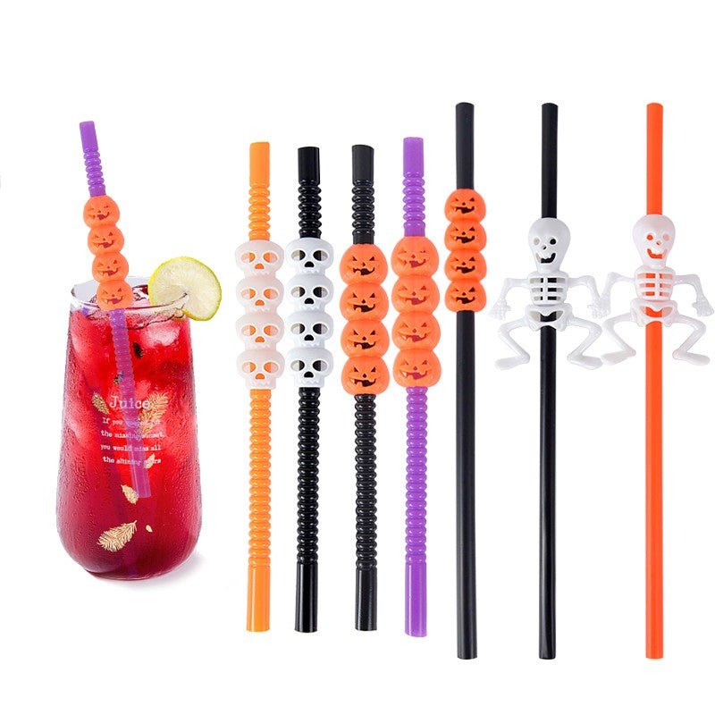 5Pcs Halloween Straws Reusable Plastic Pumpkin Skull Straw 2025 Halloween Bar Party Decoration Supplies Beverage Ornaments