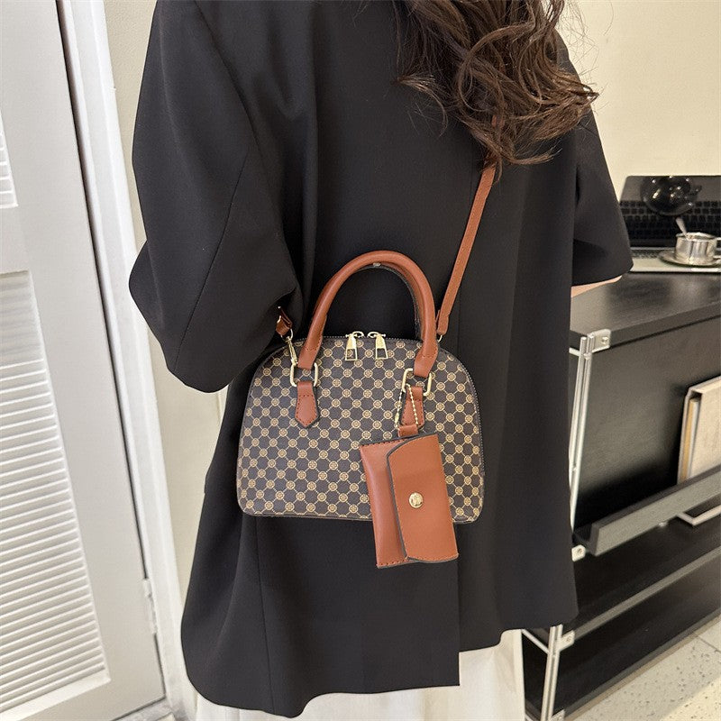 Luxury Shell Fashion Women's Handbag Simple Shoulder Bag Plaid Print Crossbody Bag with Mini Purse