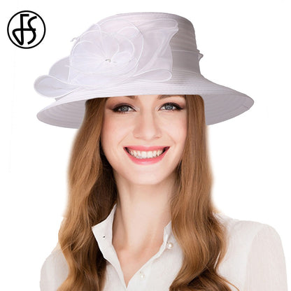 FS Chapéus Brancos de Igreja para Mulheres Elegantes com Aba Larga Fascinators de Casamento Boné com Flor Chapéu de Balde Guarda-sol de Praia de Inverno Sombrero