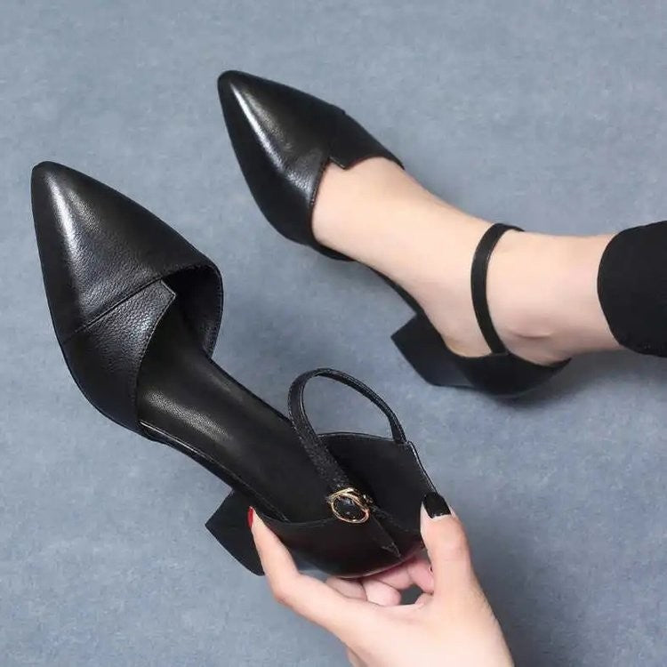 Sandália Feminina Elegante Bege Bico Fino Salto Médio Tira Fina Transpassada Fivela Sapatos de Escritório Diários